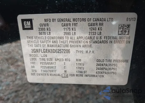 2013 Chevrolet Equinox Ltz from USA, damaged, VIN 2GNFLGEK8D6257206